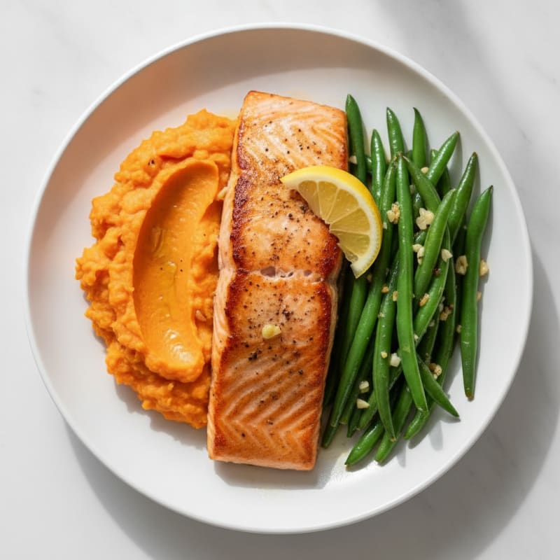 Seared Salmon with Garlic Green Beans and Sweet Potato Mash