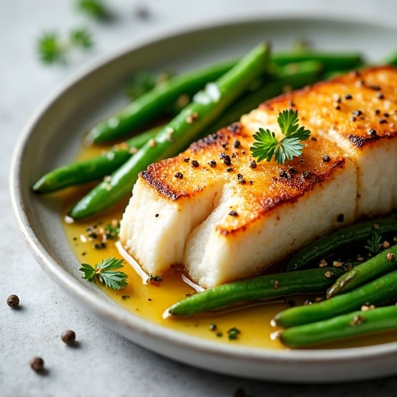 Pan-Seared Cod with Garlicky Roasted Green Beans