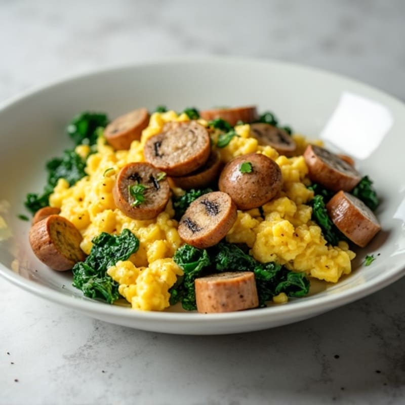 Egg White and Turkey Sausage Scramble with Spinach and Sautéed Mushrooms