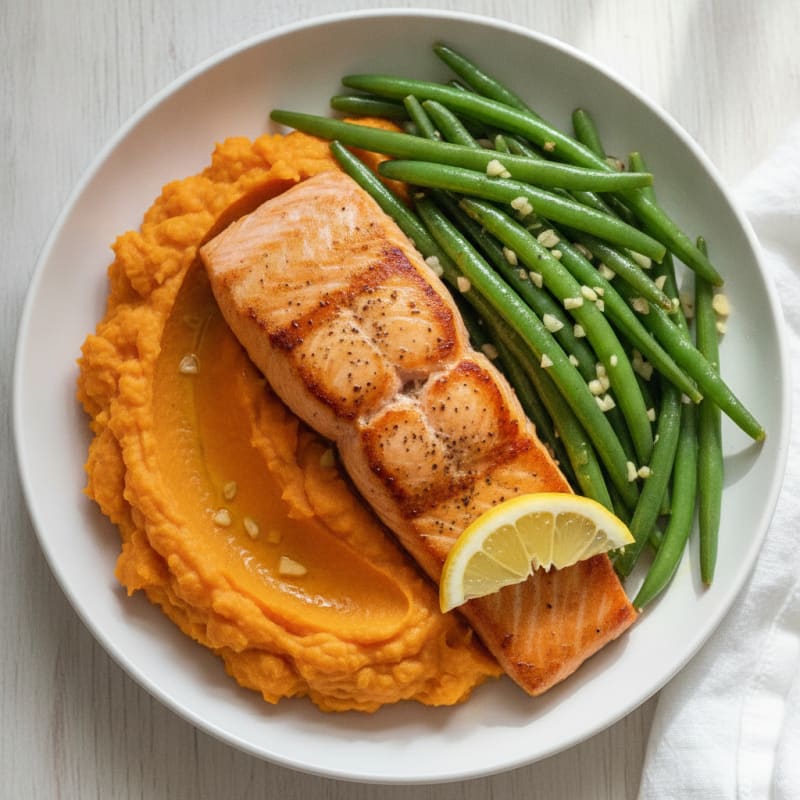 Seared Salmon Fillet with Garlic Green Beans and Sweet Potato Mash