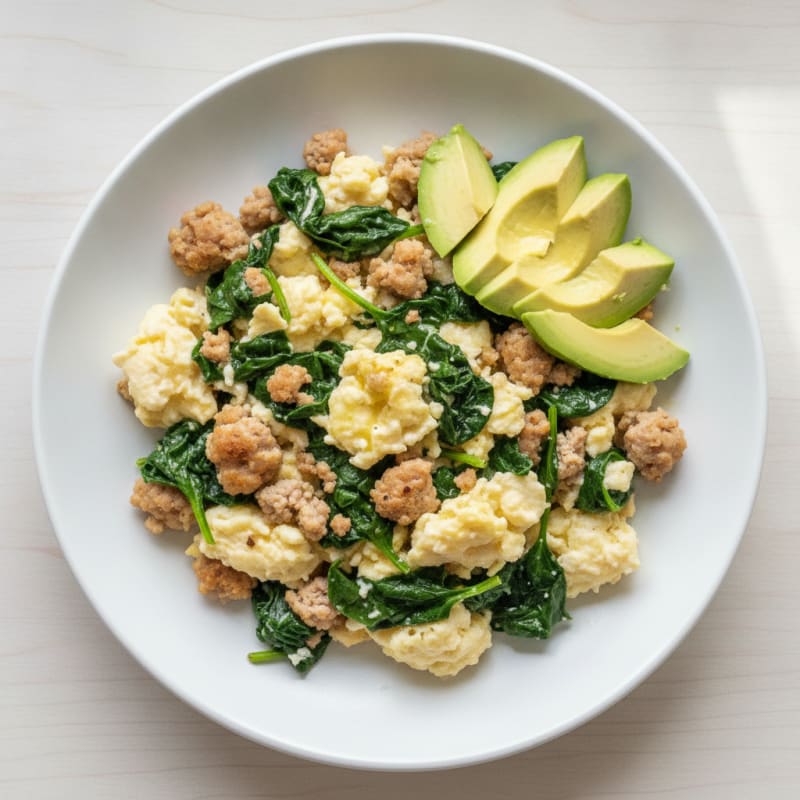 Egg White and Turkey Sausage Scramble with Sautéed Spinach