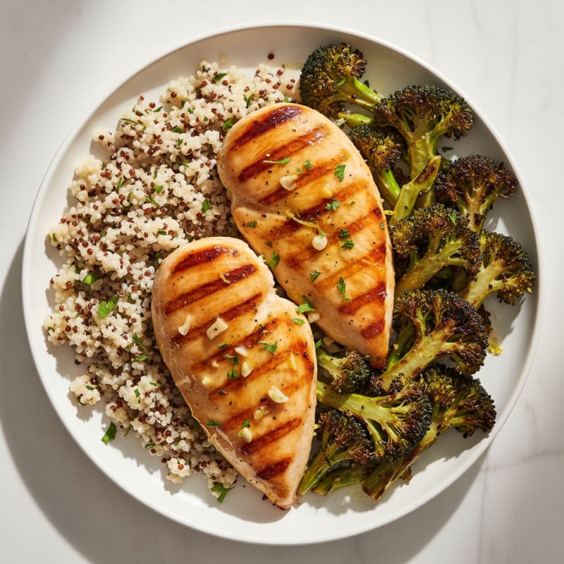 Grilled Lemon-Garlic Chicken Breast with Quinoa and Roasted Broccoli