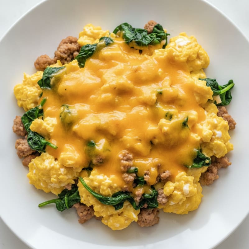 Cheesy Scrambled Eggs with Ground Pork and Spinach
