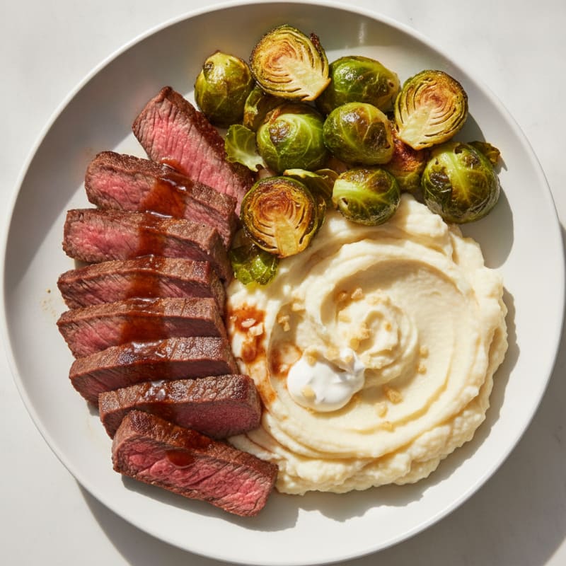 Seared Lean Beef Strips with Roasted Brussels Sprouts and Cauliflower Mash
