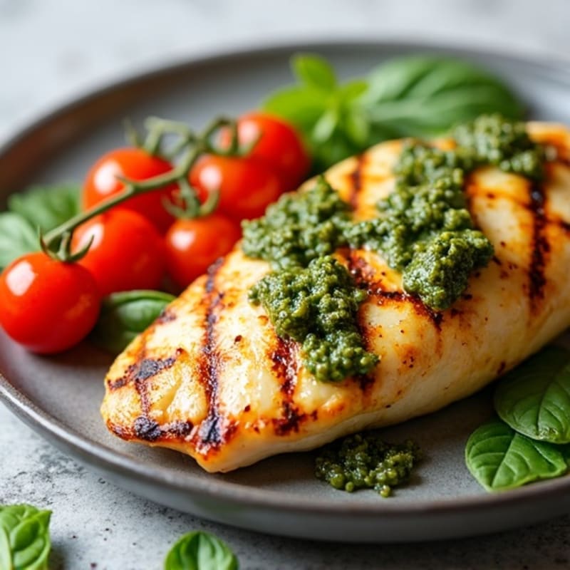Lemon Garlic Grilled Chicken with Fresh Tomato, Mozzarella, and Basil Pesto