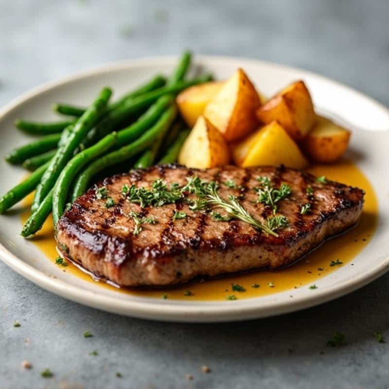 Garlic Butter Pan-Seared Steak with Crispy Roasted Potatoes and Green Beans