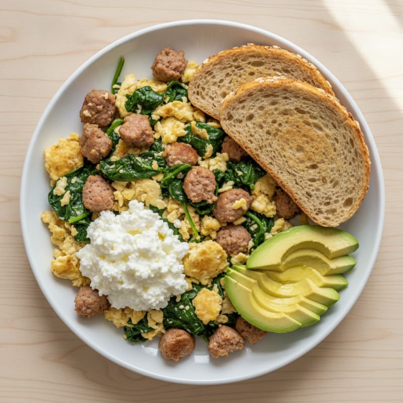 Egg White and Turkey Sausage Scramble with Cottage Cheese and Sautéed Spinach