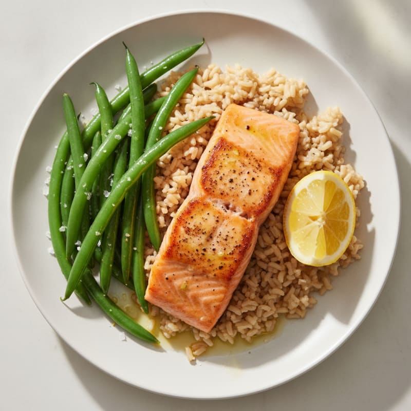Seared Salmon Fillet with Steamed Green Beans and Brown Rice