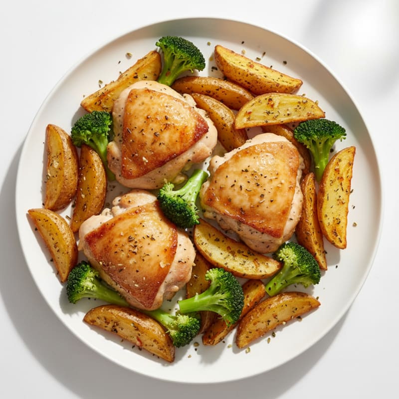 Herb-Roasted Chicken Thighs with Crispy Potato Wedges and Steamed Broccoli