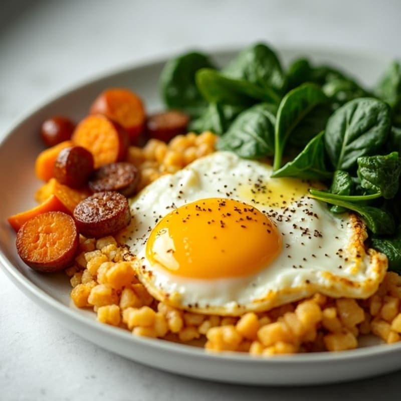 Egg White and Turkey Sausage Scramble with Roasted Sweet Potatoes