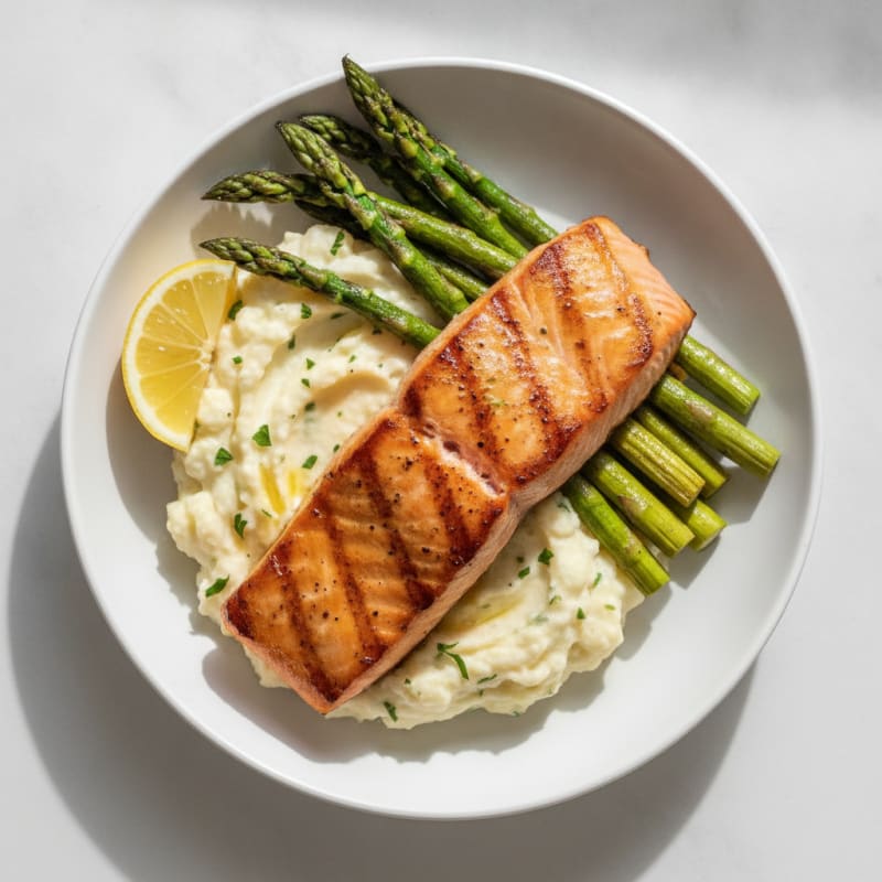 Seared Salmon with Roasted Asparagus and Garlic Mashed Cauliflower