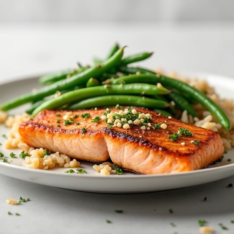 Seared Salmon with Garlic Green Beans and Brown Rice