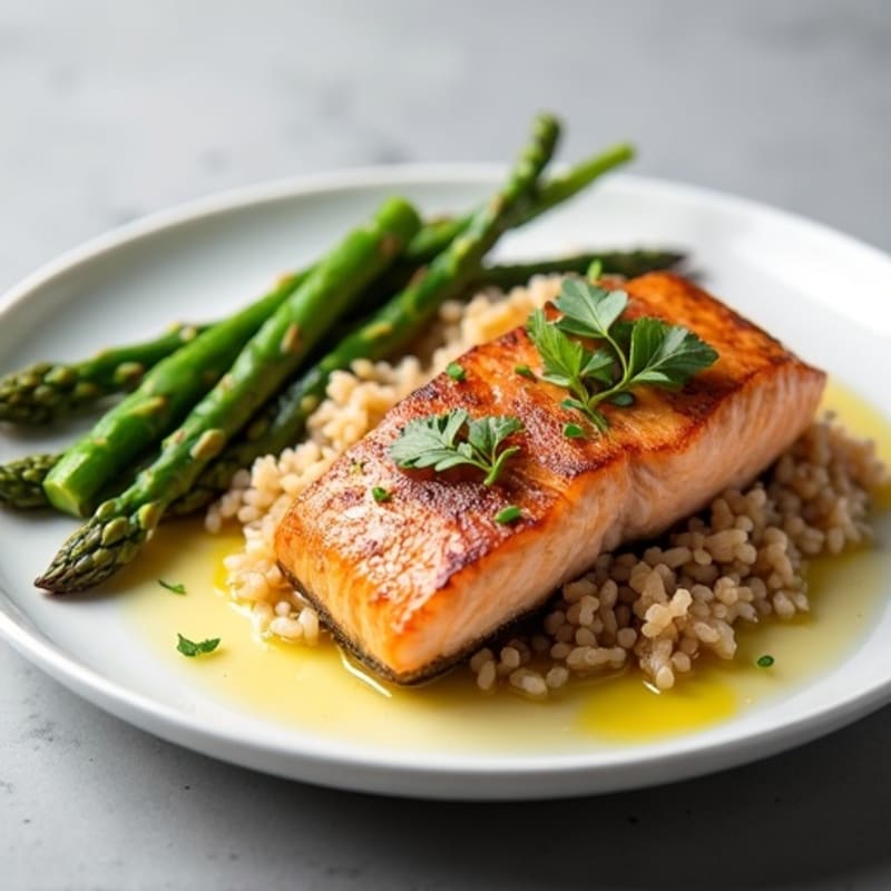 Seared Salmon with Steamed Asparagus and Brown Rice