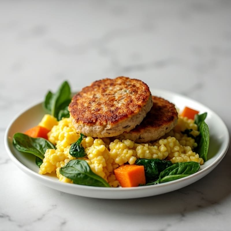 Egg White and Turkey Sausage Scramble with Spinach and Roasted Sweet Potato