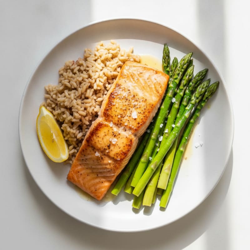 Seared Salmon Fillet with Steamed Asparagus and Brown Rice