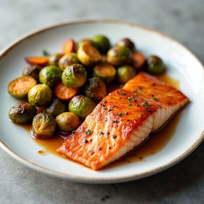Maple-Glazed Salmon with Roasted Brussels Sprouts and Sweet Potatoes