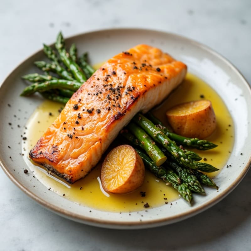 Seared Salmon with Roasted Asparagus and Sweet Potato