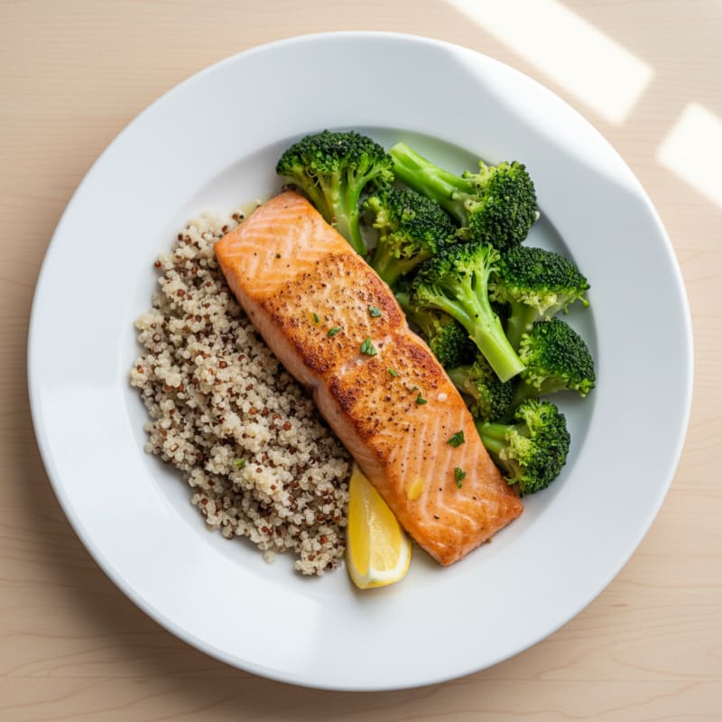 Seared Salmon Fillet with Steamed Broccoli and Quinoa