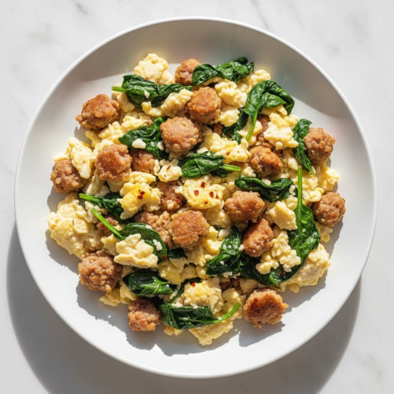 Scrambled Egg Whites with Turkey Sausage and Sautéed Spinach