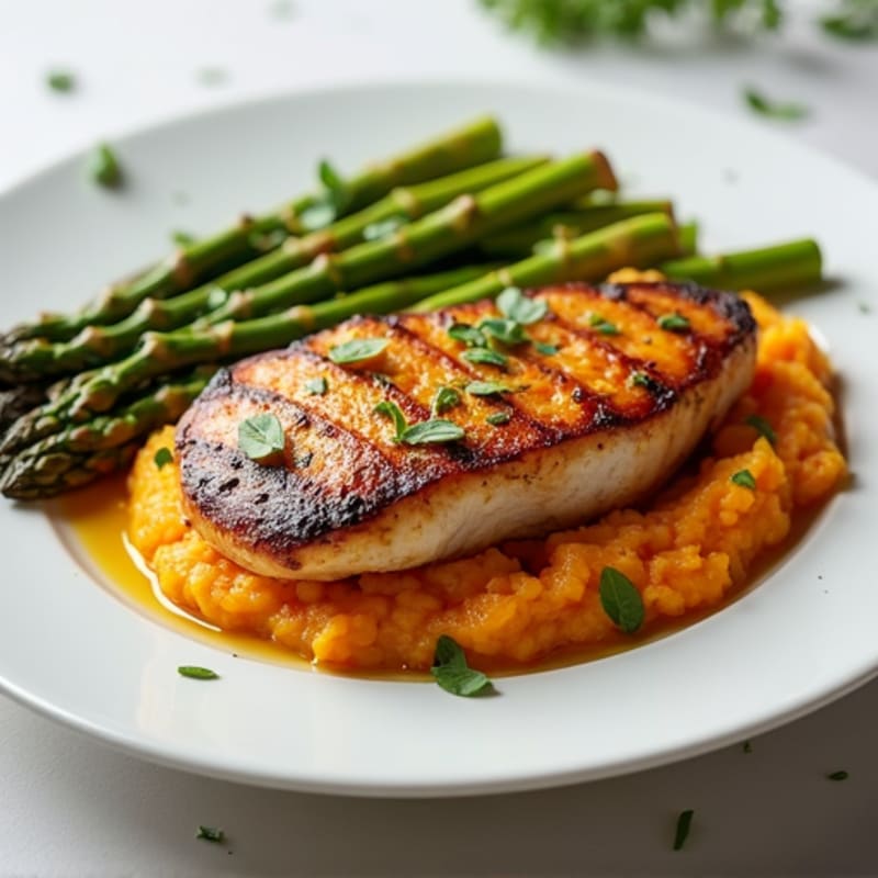 Seared Chicken Breast with Roasted Asparagus and Sweet Potato Mash