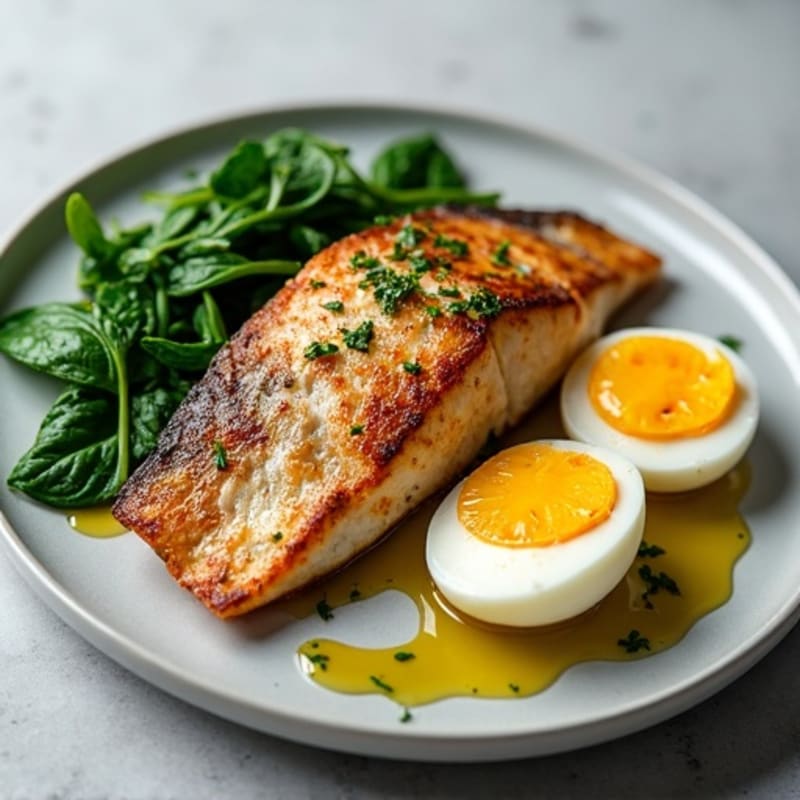 Pan-Seared Mackerel with Sautéed Spinach and Eggs