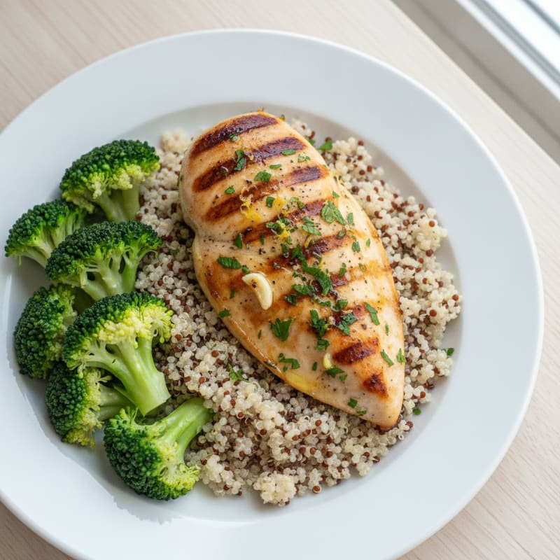 Grilled Chicken Breast with Quinoa and Steamed Broccoli