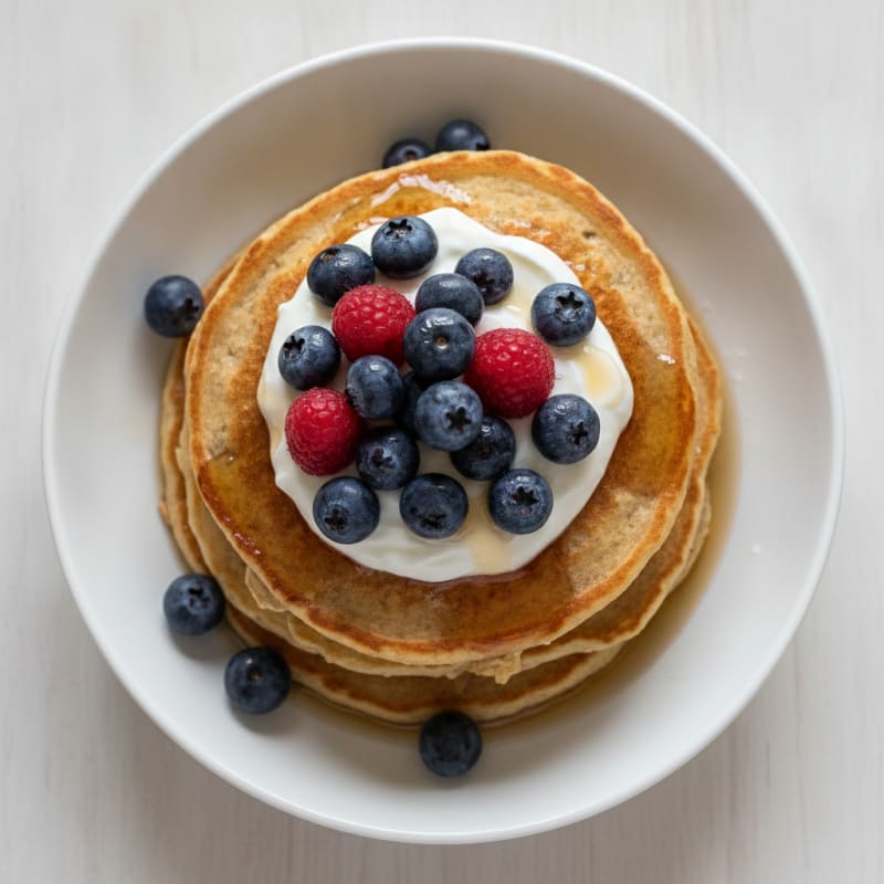Cottage Cheese Protein Pancakes with Greek Yogurt and Fresh Berries