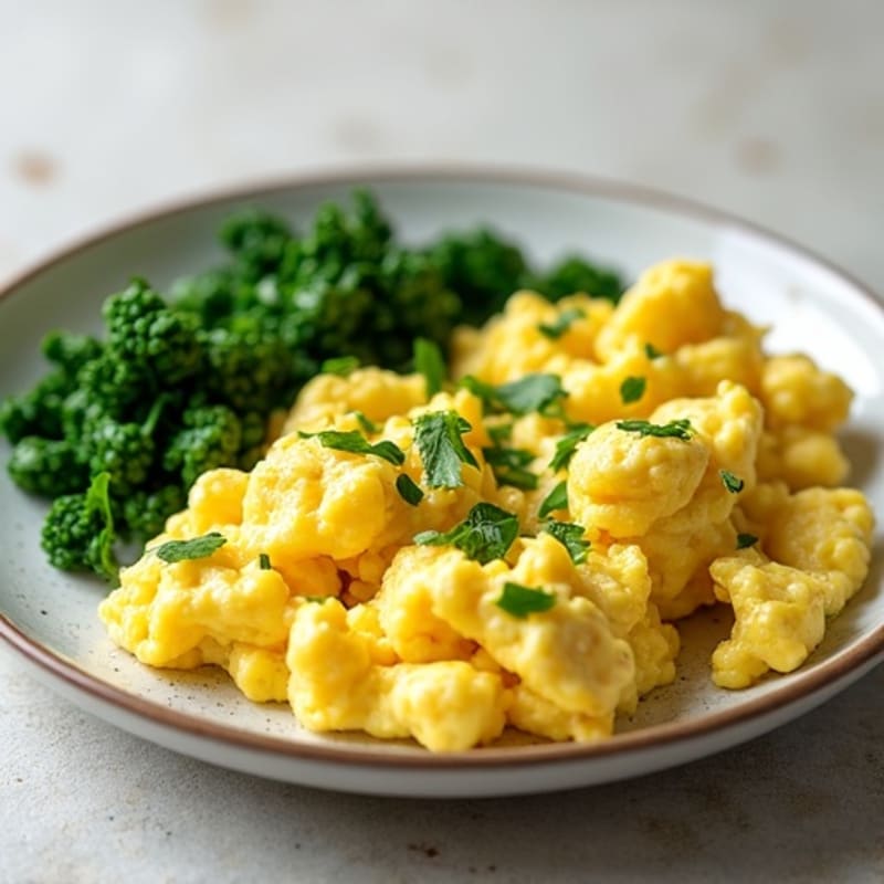 Fluffy Scrambled Eggs with Fresh Herbs and Sautéed Greens