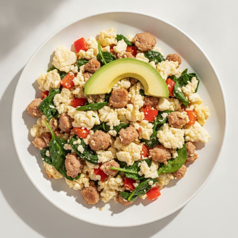 Egg White and Turkey Sausage Scramble with Spinach and Bell Peppers