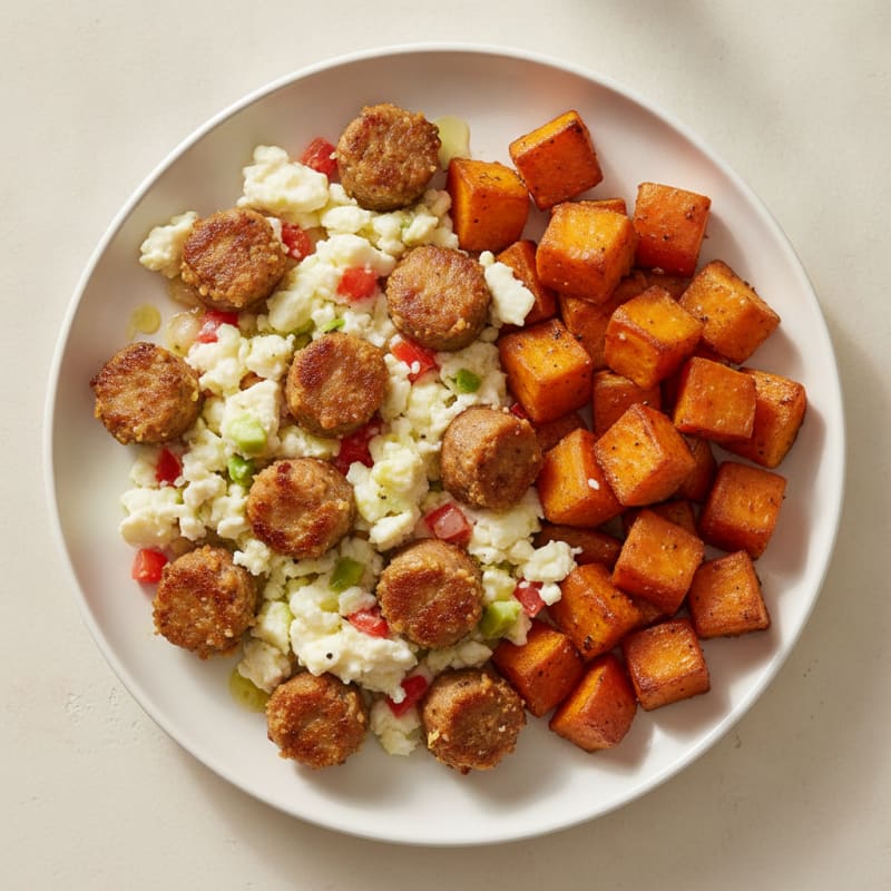 Crispy Turkey Sausage and Egg White Scramble with Roasted Sweet Potatoes