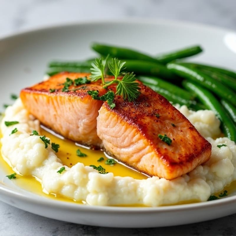 Seared Salmon with Garlic Green Beans and Cauliflower Mash
