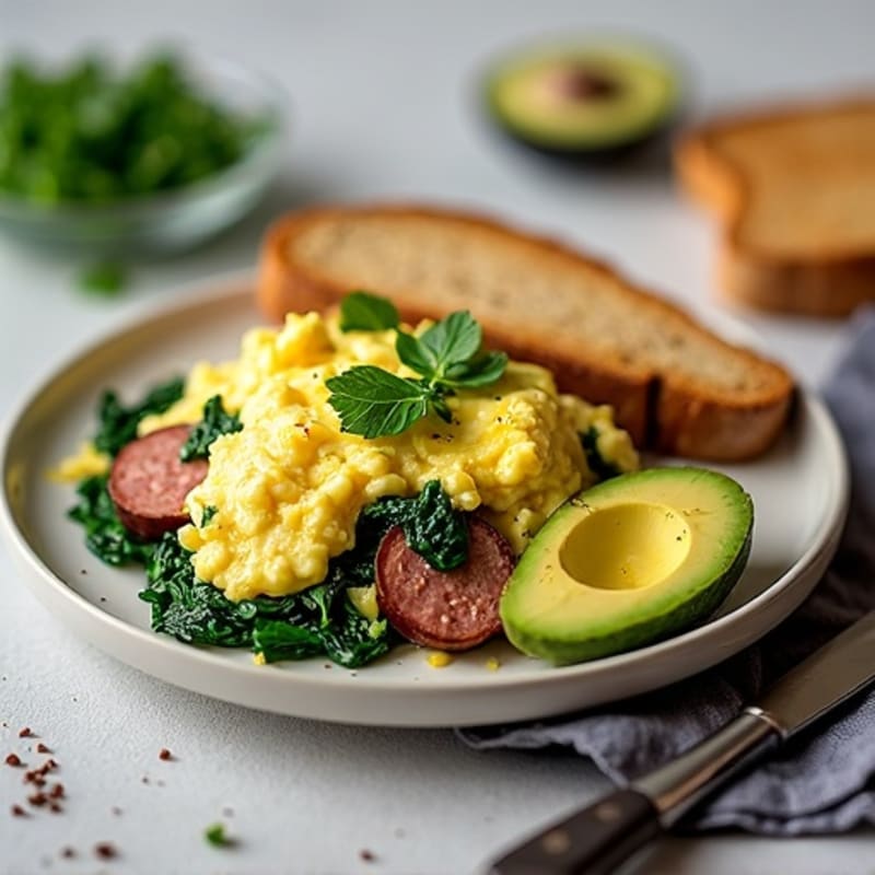 Egg White and Turkey Sausage Scramble with Sautéed Spinach