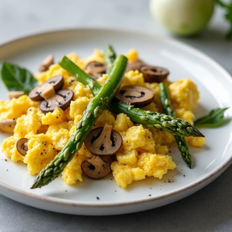Egg Scramble with Sautéed Asparagus, Mushrooms, and Onion