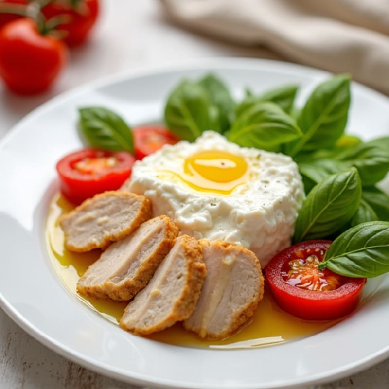 Cottage Cheese with Sliced Chicken Breast and Cherry Tomatoes