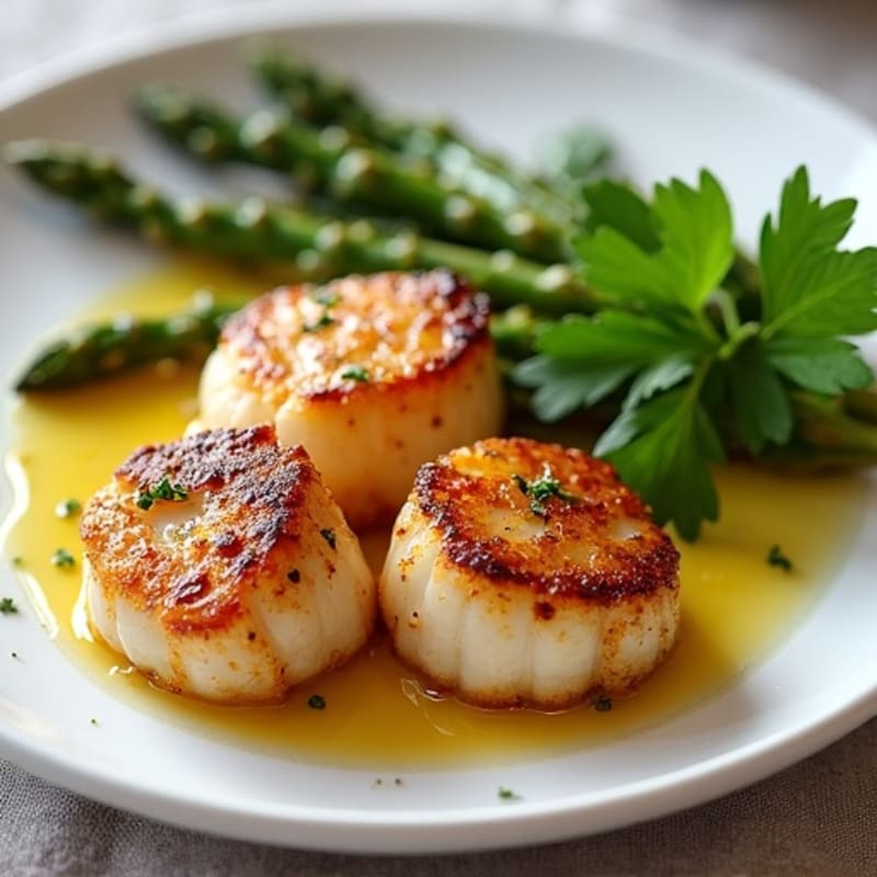 Crispy Pan-Seared Scallops with Lemon-Herb Asparagus