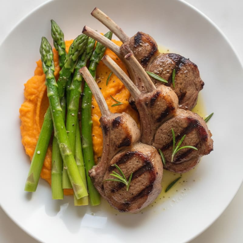 Grilled Lamb Chops with Steamed Asparagus and Sweet Potato Mash