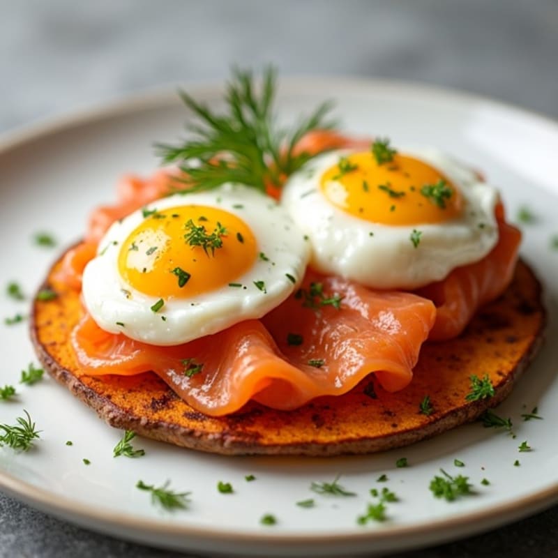 Smoked Salmon and Poached Eggs with Crispy Sweet Potato Rounds and Light Lemon-Dill Sauce