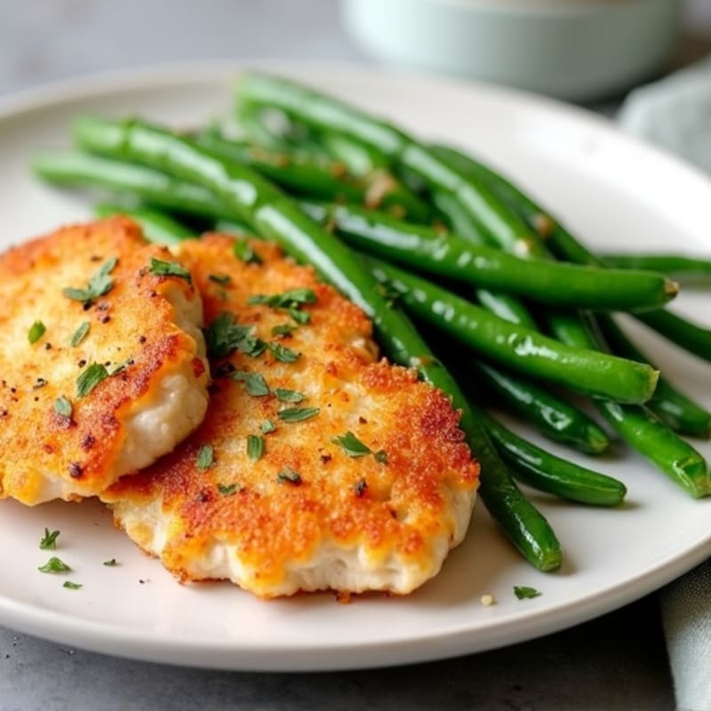 Crispy Pan-Seared Chicken Cutlets with Garlic Green Beans