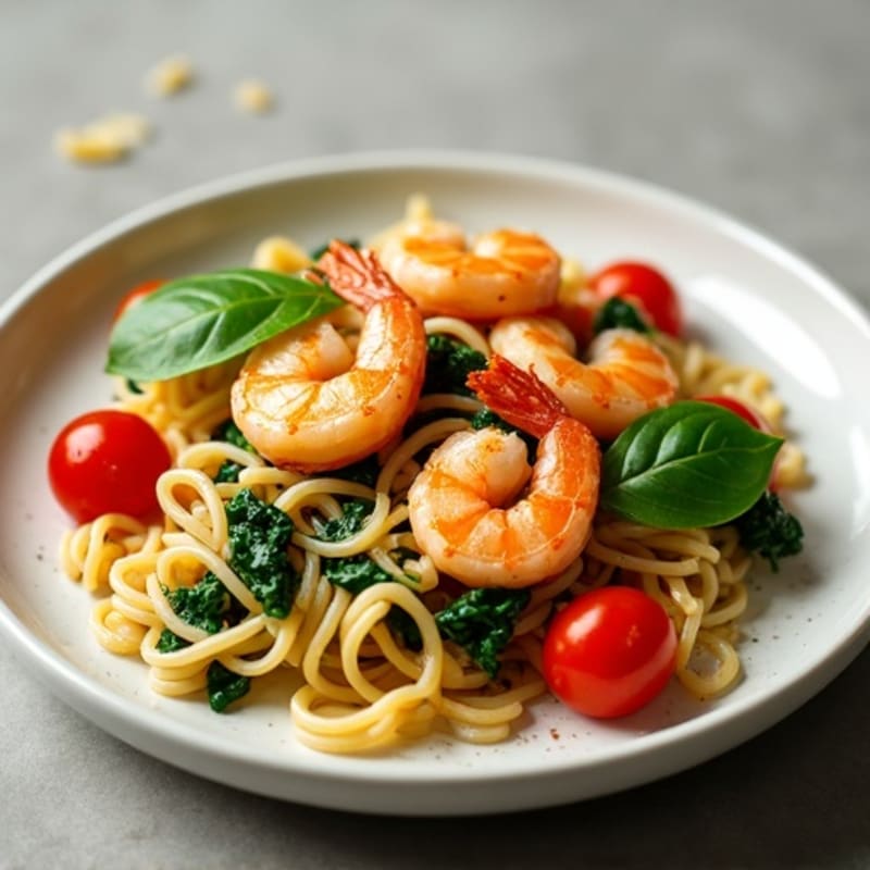 Garlicky Prawn Whole Wheat Pasta with Fresh Spinach