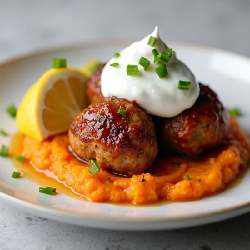 Honey-Garlic Turkey Meatballs with Sweet Potato Mash