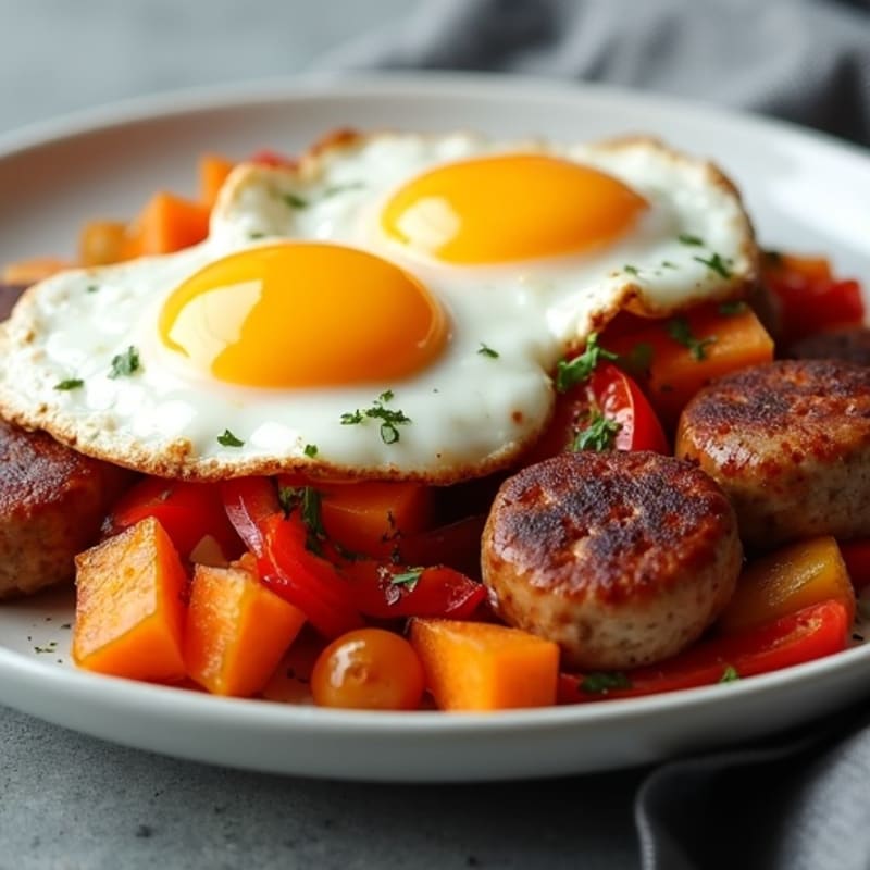 Crispy Sweet Potato and Turkey Sausage Hash with Fried Eggs