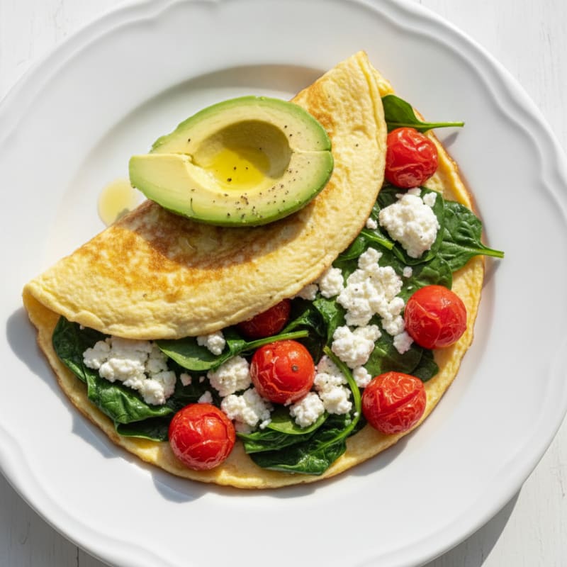 Egg White Spinach Omelette with Cottage Cheese and Sautéed Tomatoes