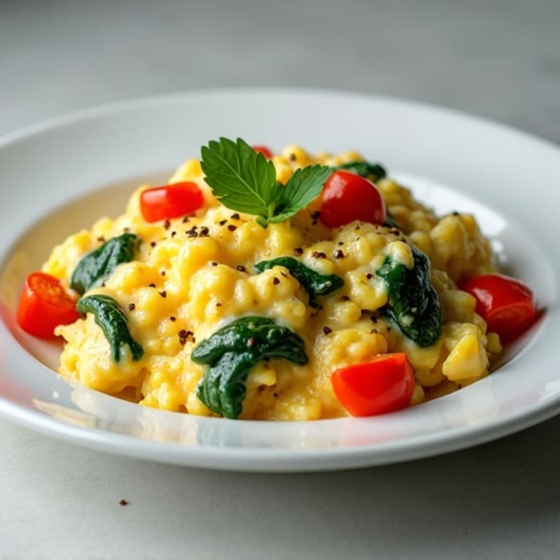 Creamy Egg and Spinach Scramble with Sautéed Peppers