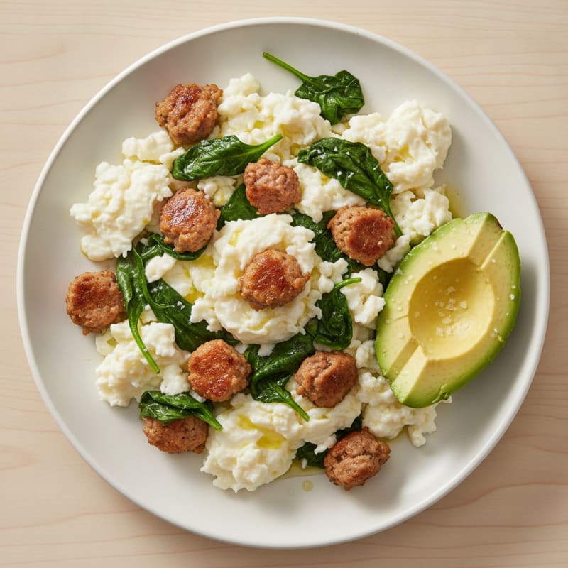 Egg White Scramble with Turkey Sausage and Sautéed Spinach