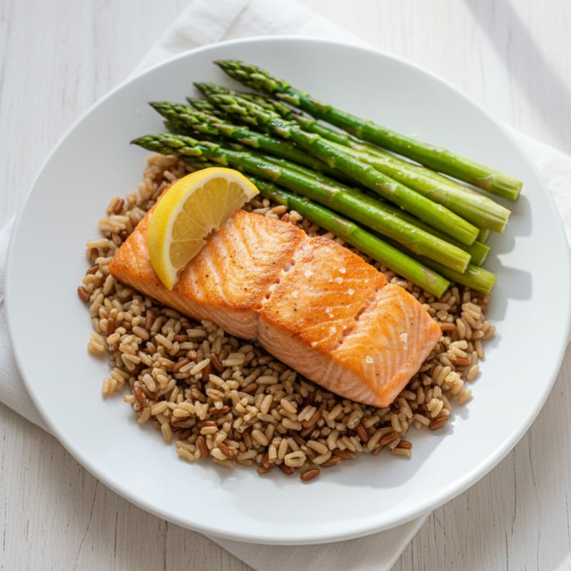 Seared Salmon Fillet with Steamed Asparagus and Brown Rice