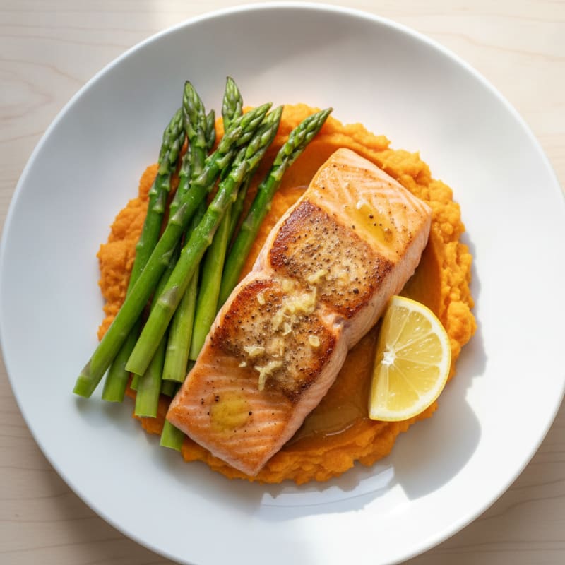 Seared Salmon Fillet with Steamed Asparagus and Sweet Potato Mash