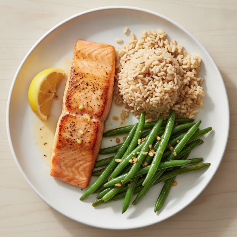 Seared Salmon with Garlic Green Beans and Brown Rice