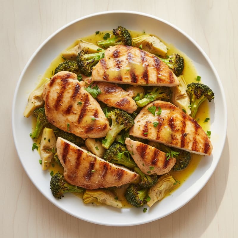 Grilled Chicken Thigh Salad with Broccoli and Artichokes
