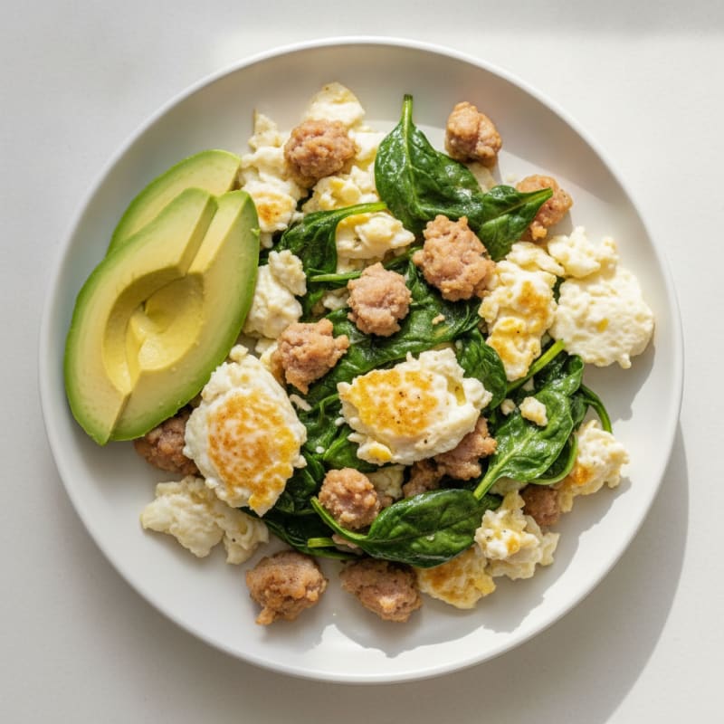 Scrambled Egg Whites with Turkey Sausage and Sautéed Spinach