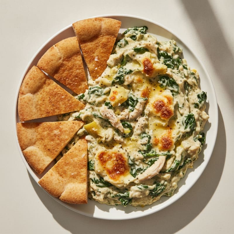 High-Protein Spinach Artichoke Chicken Dip with Pita